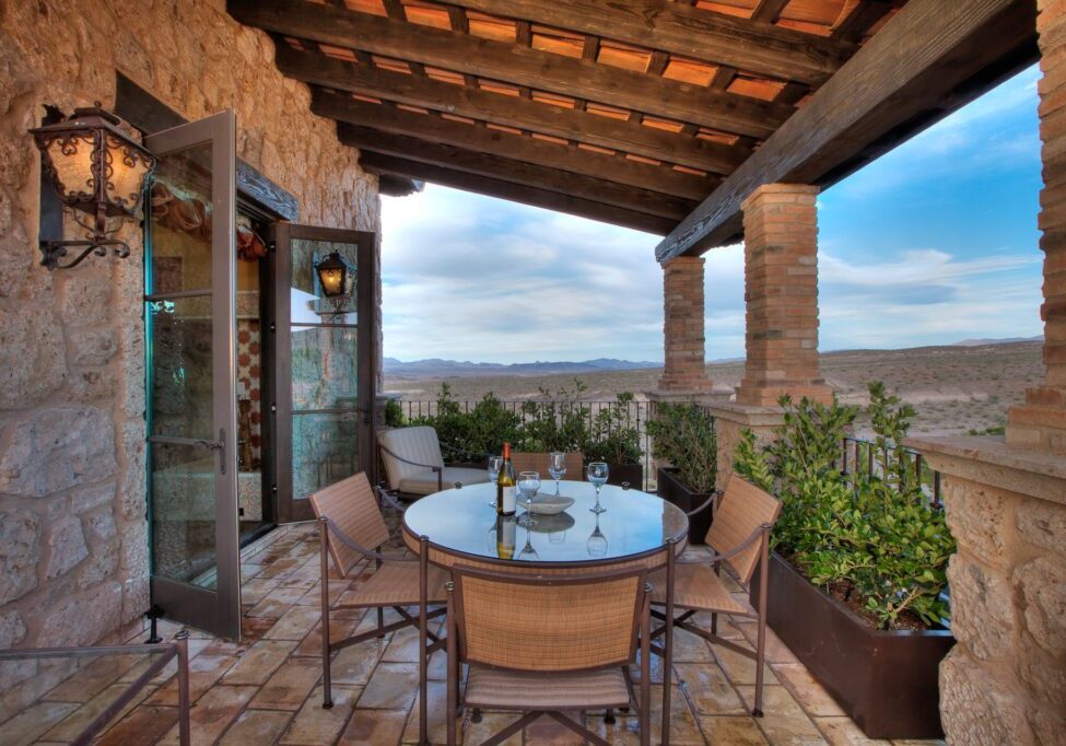 A long shot of the balcony at the top casita house